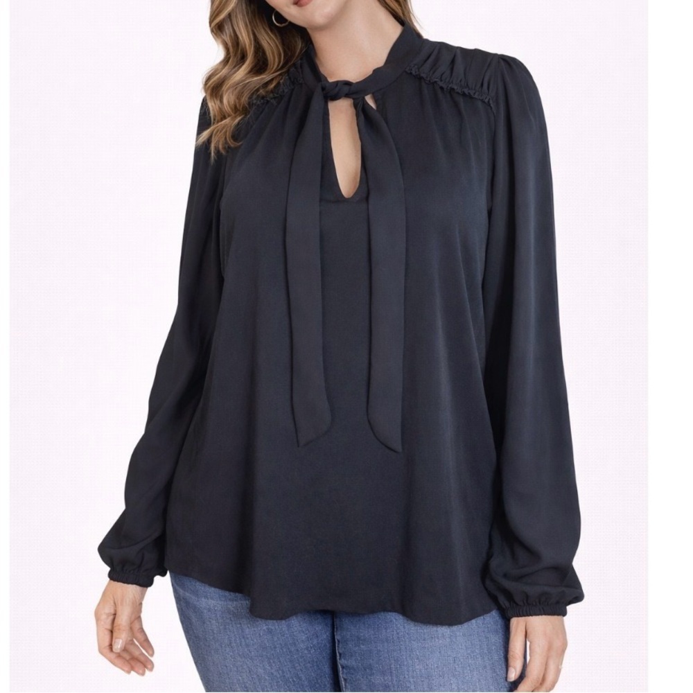 NEW LOFT blouse neck tie puff sleeve black top 2 texture SZ MD